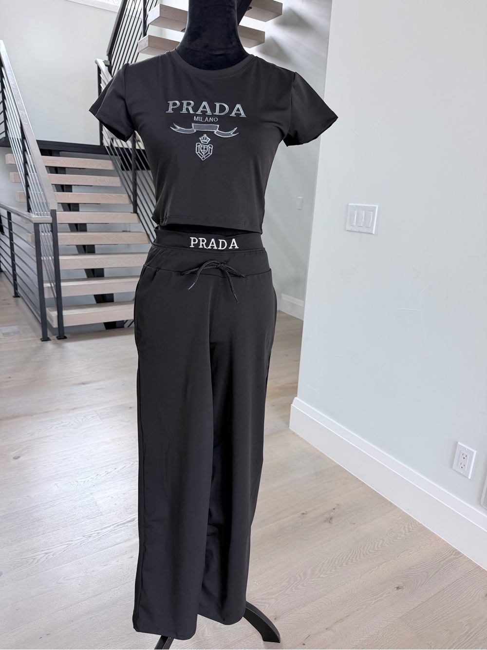 Black Logo Crop Tee & Wide Leg Pants Set size S